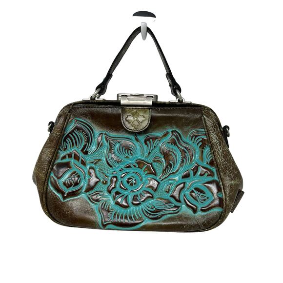 Patricia Nash Gracchi Tooled Leather Brown Teal Frame Satchel Handbag - Picture 3 of 8